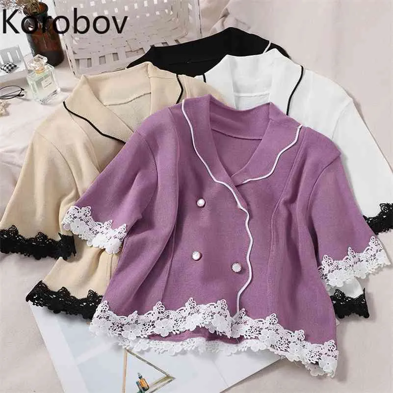 Korobov Fashion Age-reducing Sweet Contrast Color Wave Doll Lapel Wild Knit Sweater Female Stitching Lace Short Sleeve Cardigan 210430