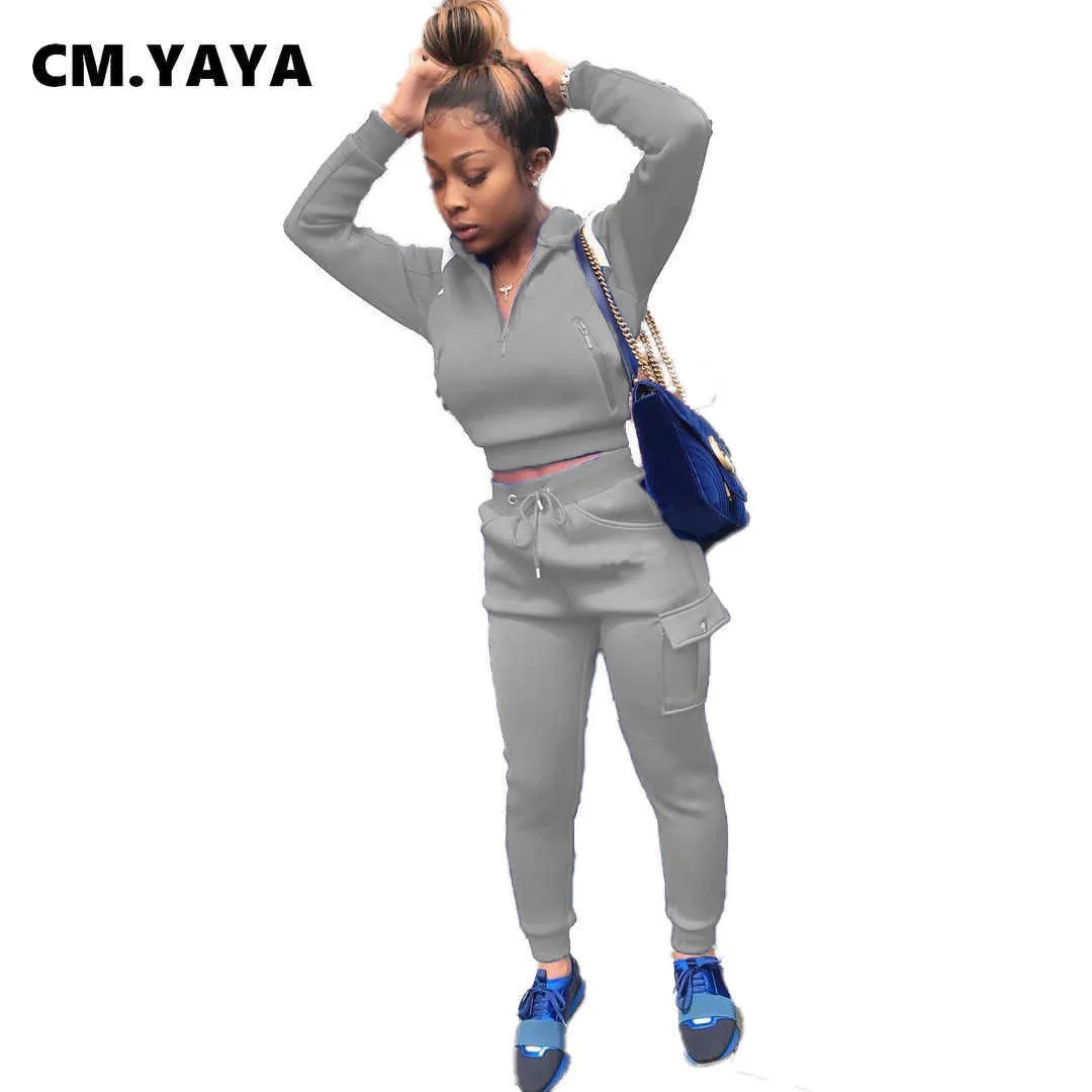 Cm.yaya Women Tracksuit Print Hooded Crop Tops + Stretchy Pants