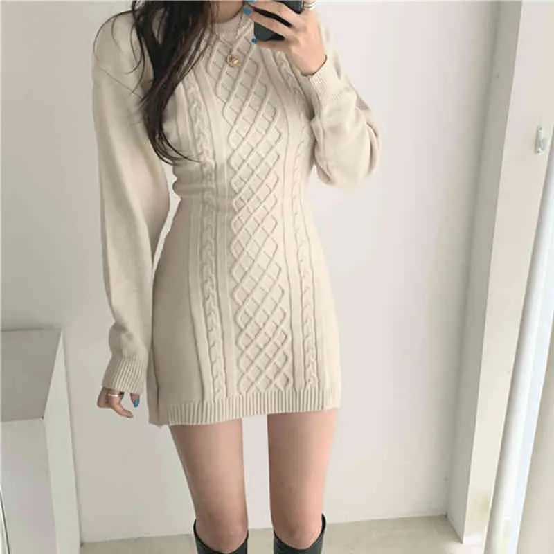 Comelsexy Herbst Winter Frauen Gestrickte Wrap Kleid Vintage Etuikleid Lange Hülse O-ansatz Sexy Backless Pullover Kleid 210515