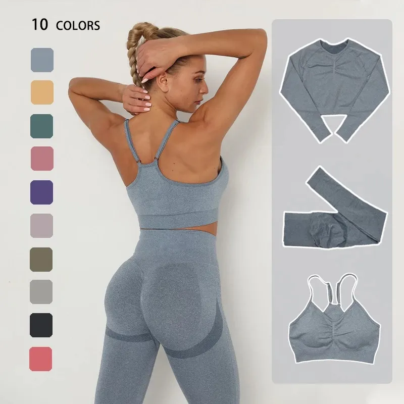 Seamless Woman Yoga outfits 2pcs Sports fitness Long Sleeved Shirt Crop GYM Tight Waisted Leggings Exercise Workout Training Pants Set Hip Lift Lady clothing