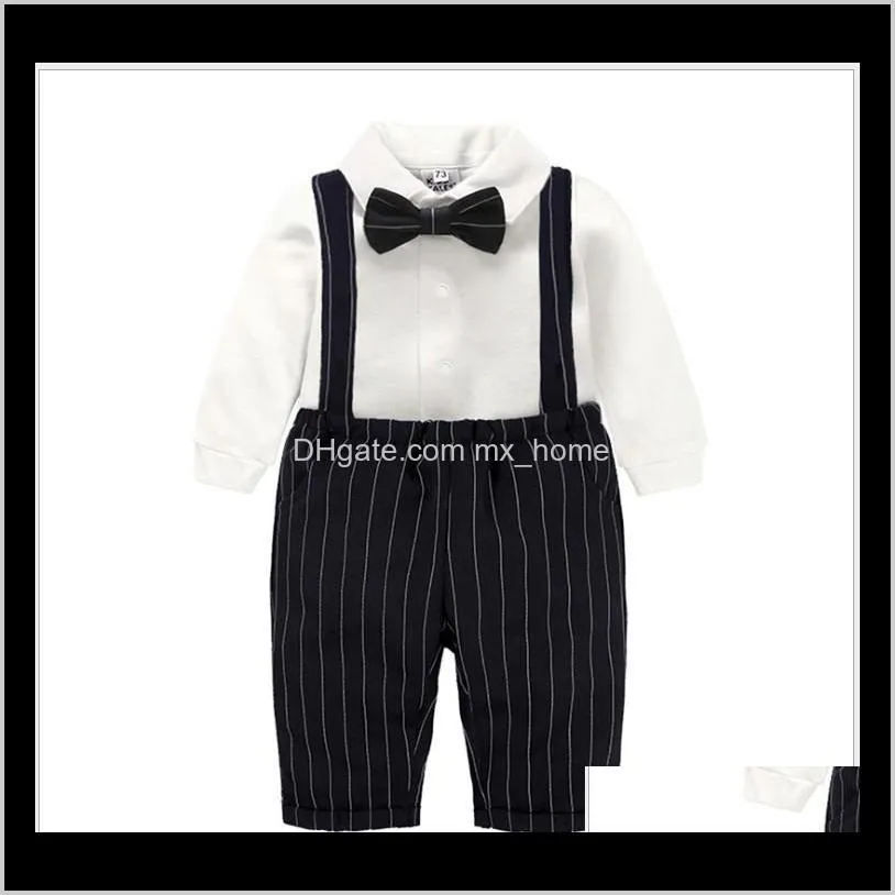 Bebê maternidade gota entrega 2021 meninos bebê cavalheiro estilo vestuário conjunto infantil menino branco camisa de manga comprida com bowtiestriped suspender pan