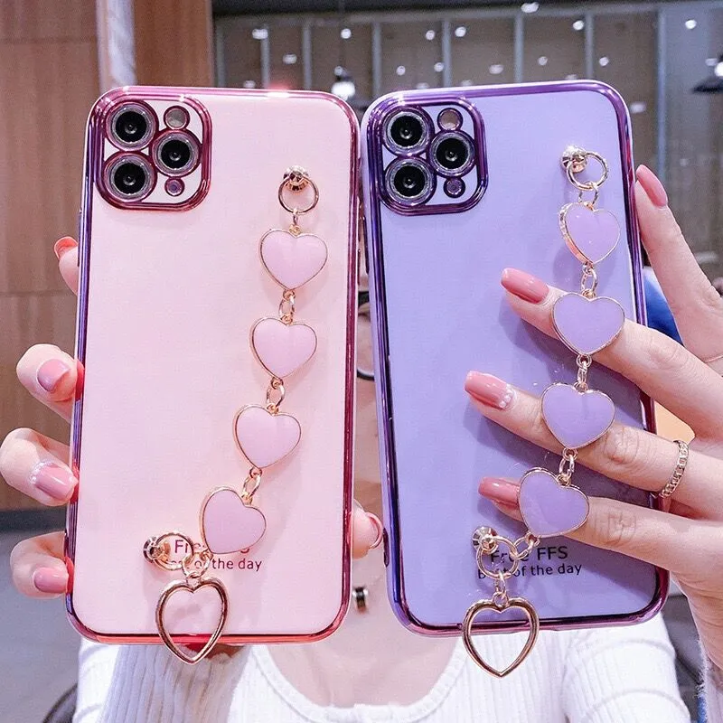 Luxury Love Heart Wrist Chain Phone Case With Chain With Plating Bumper Cover For IPhone 13/12