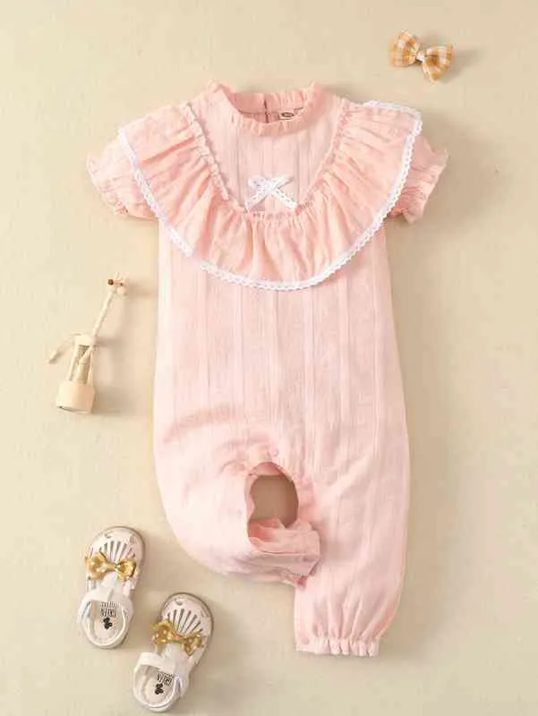 Baby Bow Front Puff Sleeve Ruffle Trim Jumpsuit Zij