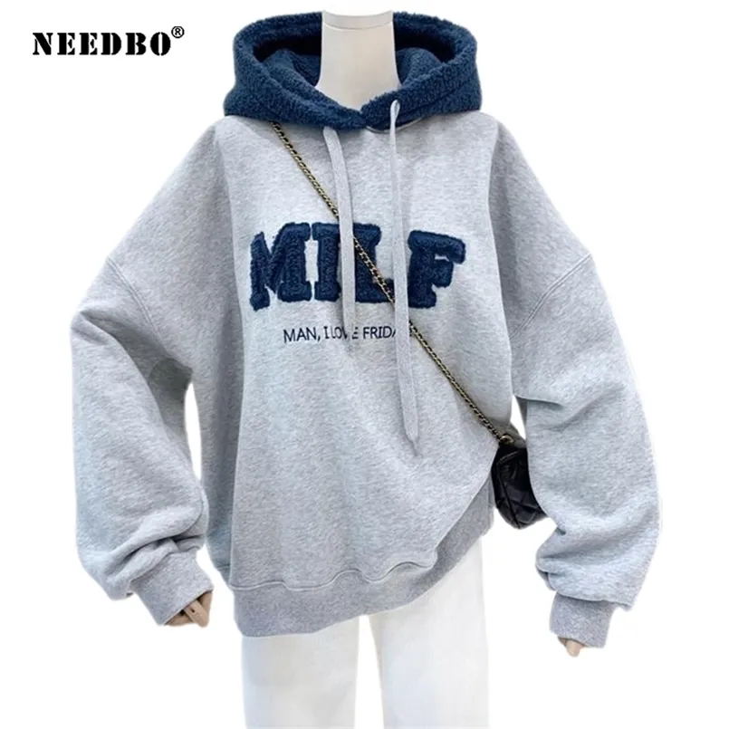 NEEDBO MILF Hoodies Women's Sweatshirts Letter Print Lamb Wool Pullovers Loose Korean Style Jacket Full Sleeve Casual Tops 210909