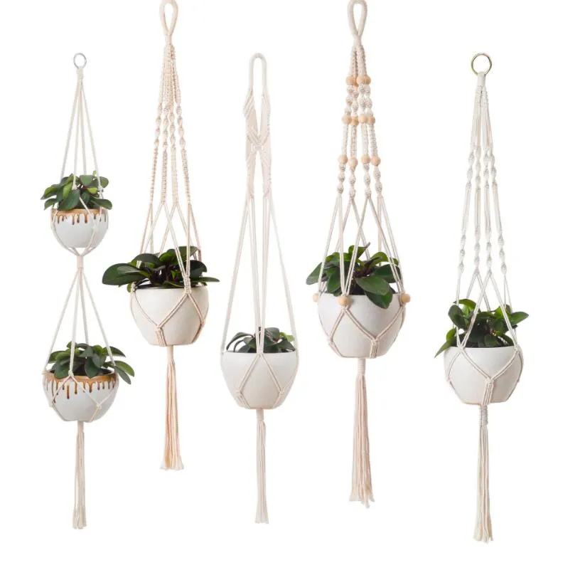 Garden Decorations Handmade Flower Pots Net Bag Braided Home Vintage Decor Plants Hanging Basket Knotted Rope Gardens Plant Hanger Pot Tray