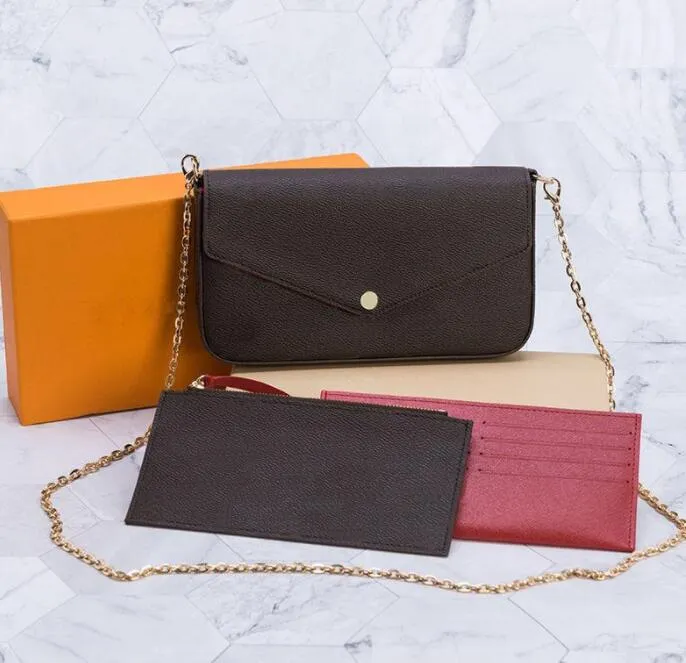 2021 여성 가방 패션 핸드백 싱글 어깨 사이드 카 백 지갑 디자이너 고품질 고전적인 인쇄 체인 독립 카드 지갑 3 피스 세트