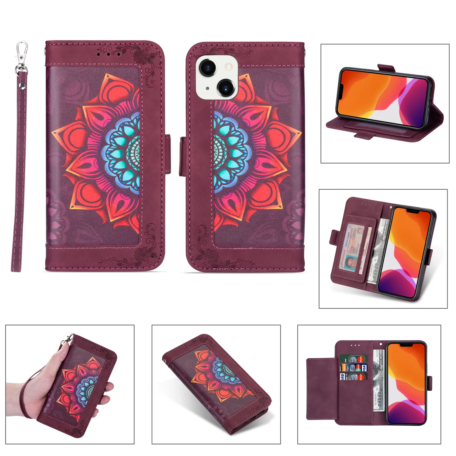 Étuis portefeuille à fleurs avec fente pour carte pour iPhone 13 Pro Max 12 Mini 11 XR Samsung S20 S21 S22 Ultra Note 20 A22 A32 5G A52 A72 A21S A20S A51 A71 Couverture bicolore