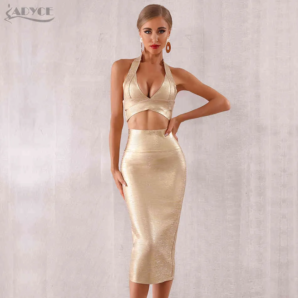 Verano Mujer Bodycon vendaje conjuntos vestido Vestidos 2 dos piezas conjunto Top oro cuello en V celebridad vestidos de fiesta de noche 210423