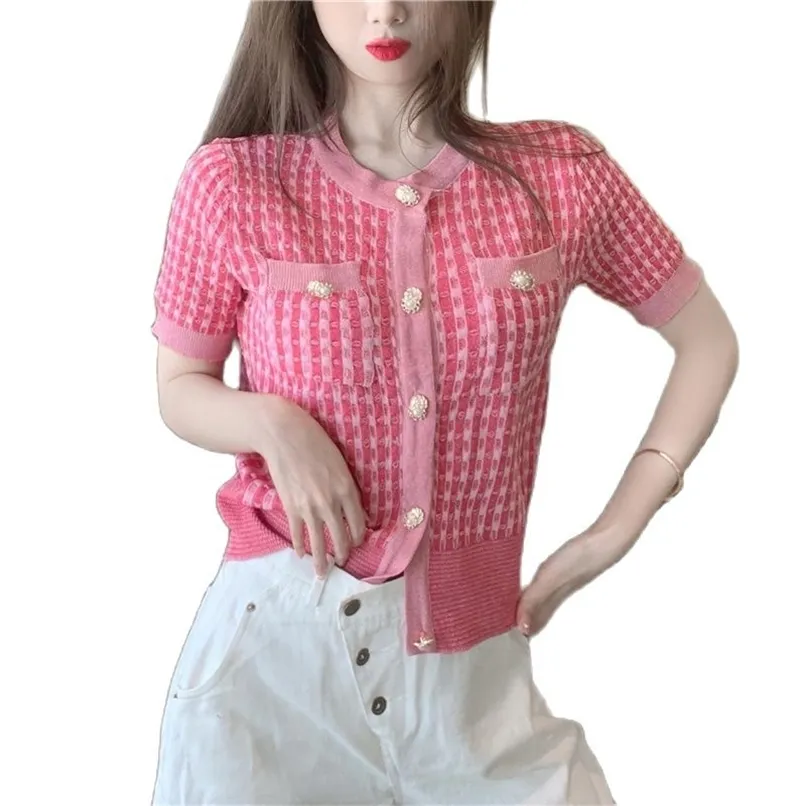 Тонкий ледяной шелк круглые шеи вязаные кардиган короткие рукава короткие лето и корейская мода женская одежда 210520
