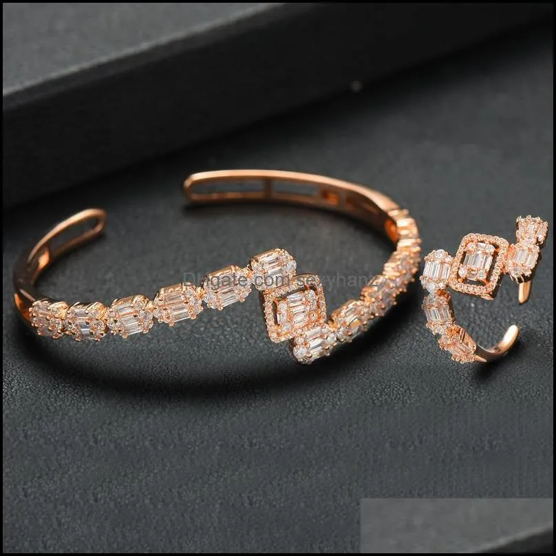 Earrings & Necklace 2021 Trendy Luxury Saudi Arabia Open Bangle Ring Set For Women Full Cubic Zircon Pave Party Wedding Arabic Dubai