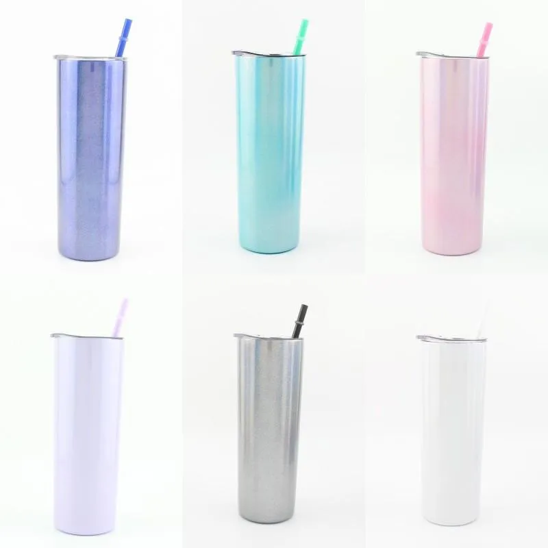 Glitter 20oz Skinny Tumblers Doppelwandiger gerader Becher Edelstahl Getränke Regenbogen Blanko Sublimationsbecher mit Deckel und buntem Strohhalm WWQ