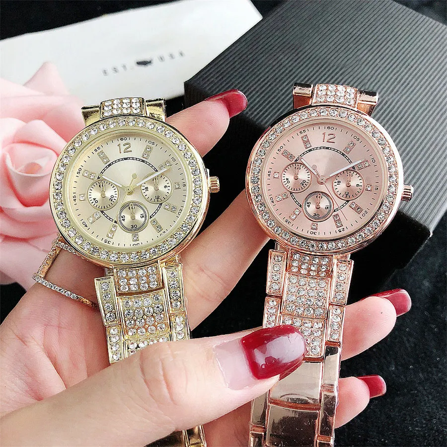 Marke Uhren Frauen Dame Mädchen Kristall Diamant 3 Zifferblätter Stil Metall Stahl Band Quarz Armbanduhr FO15