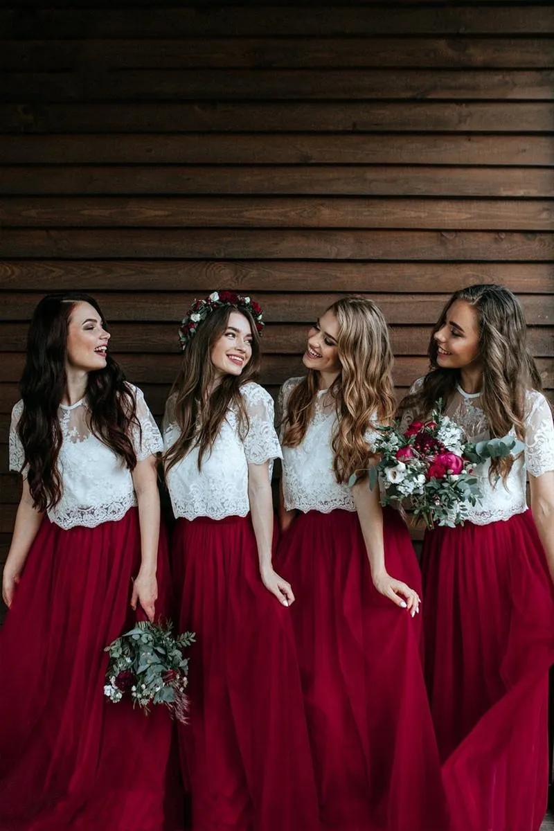 Custom-made White maroon bridesmaid dresses with Jewel Neckline, Short Sleeves, Lace or Length, Pleats, and Plus Size Options - Perfect for Country