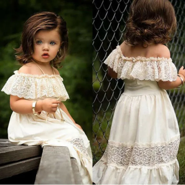 2021 Toddler Baby Girl Summer Off-Shoulder Ruffle Lace Party Dress Boho Kläder Sundresses Q0716