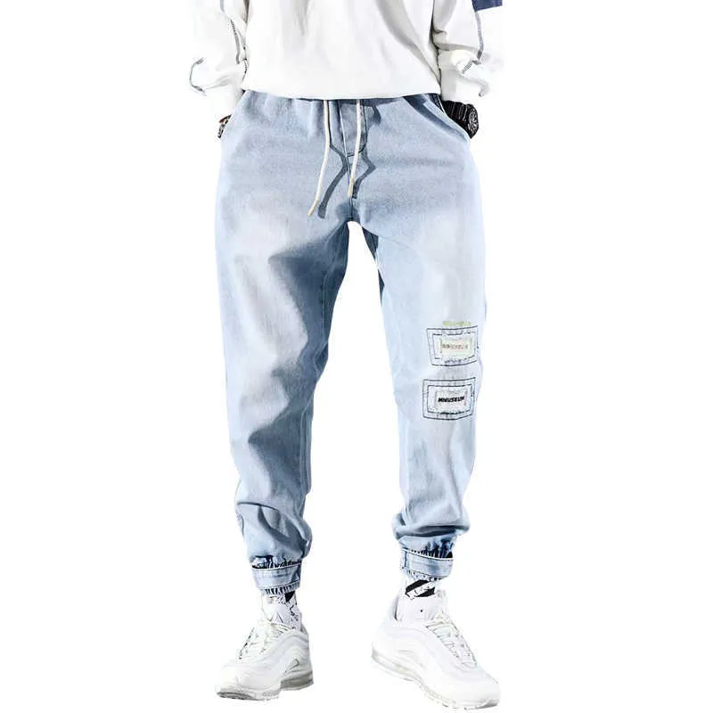 Mäns Jeans byxor Homme 2021 Street Casual Drawstring Denim Byxor Vintage Straight Trousers Sweatpants X0621