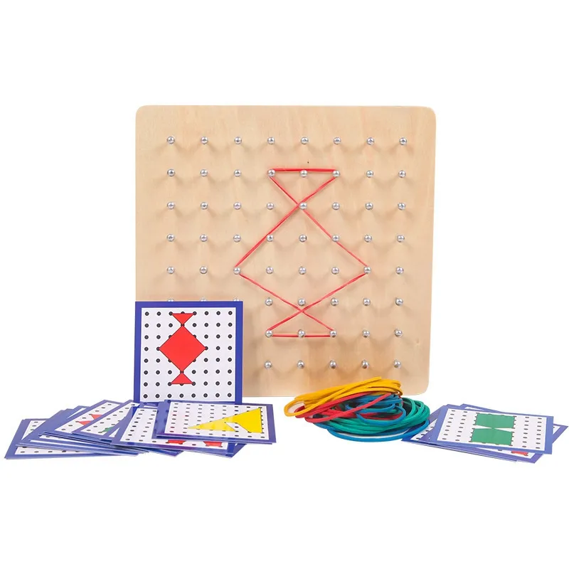 クーガム木製学習玩具ジオボール数学マニピュレーションブロック-24パターンカードゴムバンドのジオボード子供のためのステムパズル0278
