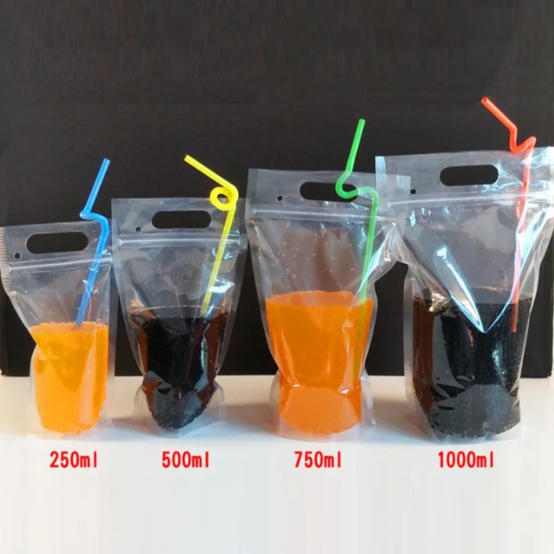 Vide 250 ml 500 ml 750 ml 1000 ml transparent Boisson Sacs Poches Zipper Stand-up En Plastique Potable Sac avec paille et poignée