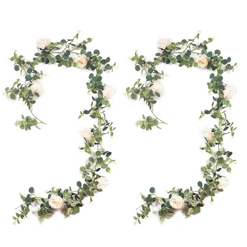 Couronnes De Fleurs Décoratives 2PCS Guirlande D'eucalyptus Artificiel Avec Champagne Roses Fleur Suspendus Verdure Pour Mariage Toile De Fond Table Déco