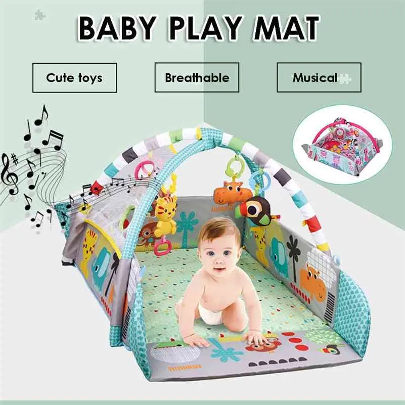 Baby Gym Playmat Toddler Activity Balls Musical Toy Floor Carpet Crawling Rug 5 in 1 Infant Play Mat Dolls Toys Gym Fence Rack 210402