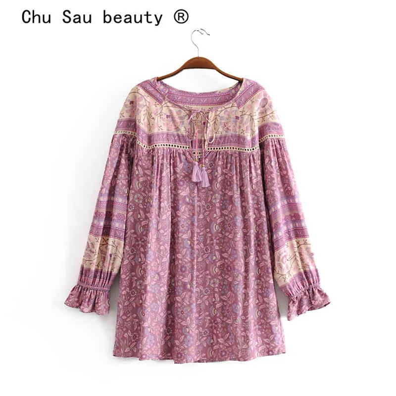 Chu Sau Beauty Boho Floral Print Blusar Kvinnor Holiday Style Fashion Hollow Out Shirts Kvinna Camisa de MODA 210508
