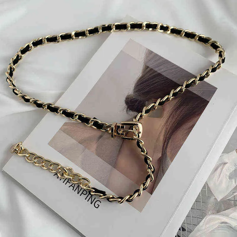 Simple and Versatile Dress Belt for Women - Thin Skinny Gold Metal Waistband with Chain - Fashionable Belt with Dress 2022 (G220301)