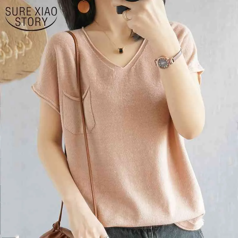 Summer Casual Short Sleeve T Shirt Women V Neck Loose Solid Knitted T-Shirts Female Thin Plus Size Tees Shirt Blusas 14648 210528