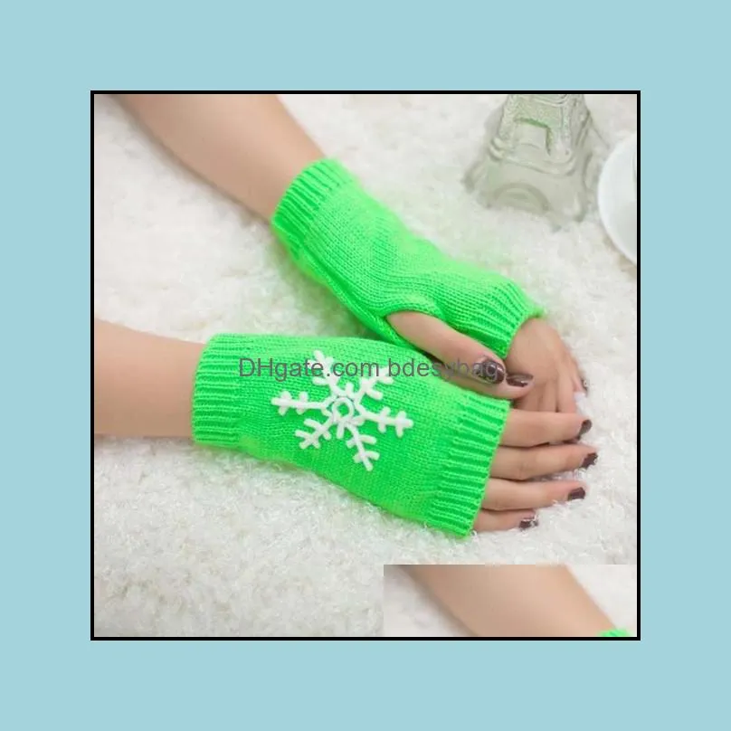 Women Stylish Snowflake Print Hand Warmer Winter Gloves Arm Crochet Knitting Faux Wool Mitten Warm Fingerless Glove