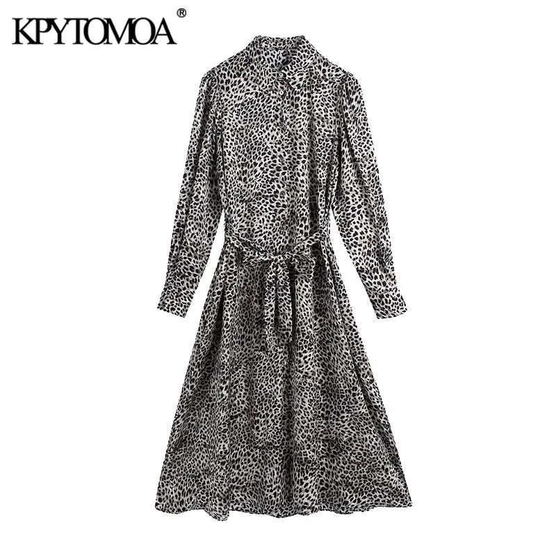 Kadın Chic Moda Kemer Leopar Baskı Midi Elbise Vintage Uzun Kollu Button-Up Kadın Elbiseler Vestidos Mujer 210416