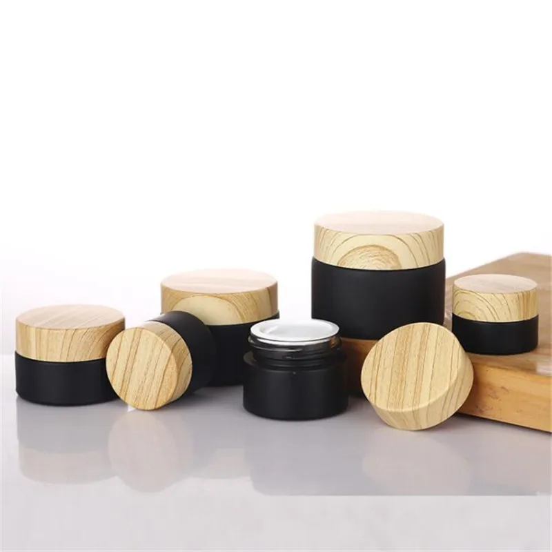 5g 10g 15g 20g 30g 50g Black Frosted Glass Jar Cosmetic Bottle Makeup Container Package with Imitated Wood Grain Lids and Inner Liner