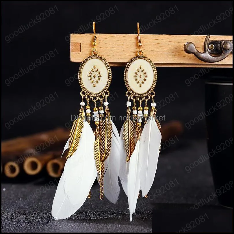 Explosion earrings European and American fashion jewelry creative oval long tassel feather earrings retro chain rice beads earrings