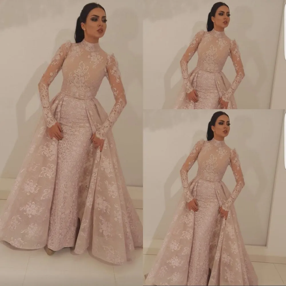2021 Arabiska Blush Rosa Elegant Aso Ebi Mermaid Evening Dresses Wear High Neck Full Lace Applique Party Dress Sweep Train Overskirts Långärmade Formella Promokläder