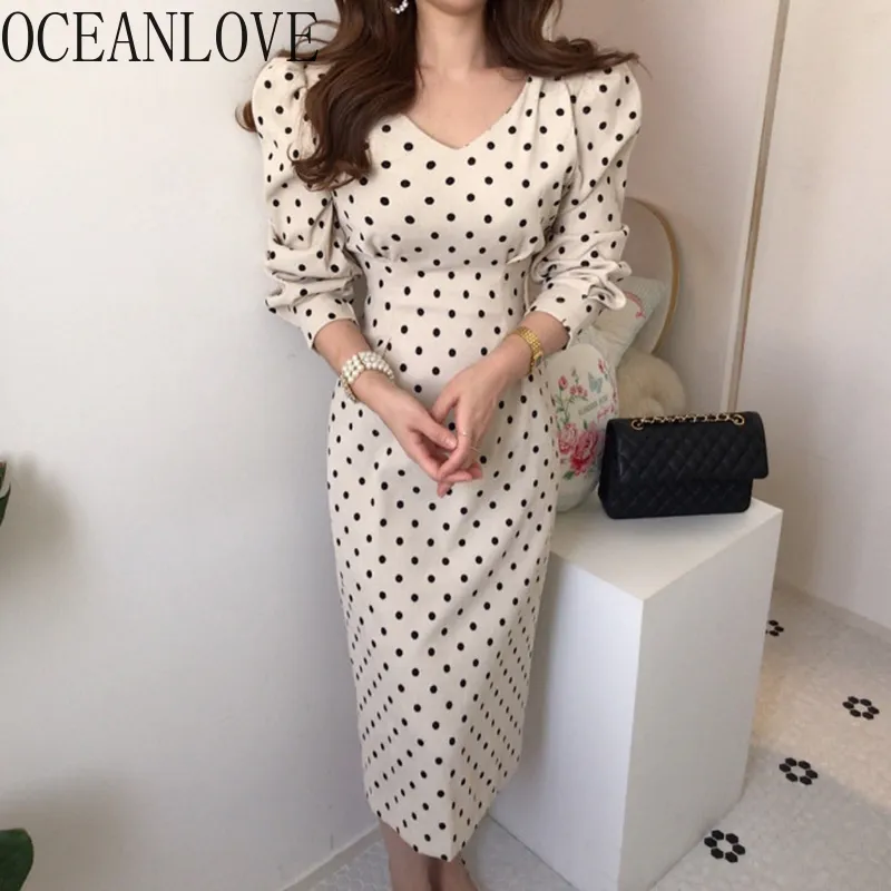 Polka Dot Elegancka Vestidos V Neck Ins Moda Moda Koreańskie Długie Suknie Kobiety Wiosna Ol Corduroy Dress Retro 14329 210415