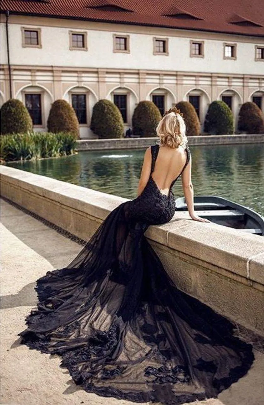 gothic mermaid dress Sexy Black Gothic Mermaid Wedding Dress Bridal Gowns Lace Applique Backless  Floor Length V Neck Tiered Tulle Garden Formal Dresses Vestidos De
