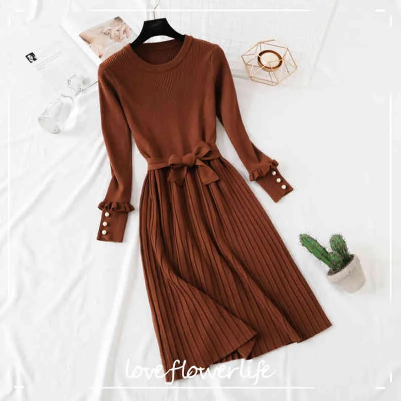 Autumn winter Slim Vintage Knitted Dress Women Casual Long sleeve Sweater Dress with belt Elegant A-line Pleated Dresses 210521