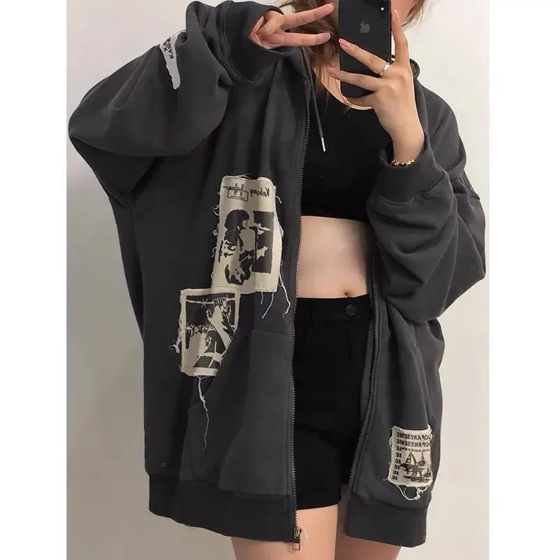 Kvinnors Jackor Amerikanska Vintage Stilfulla Kvinnor Hip-Hop Streetwear Hoodies Coats Y2K Oversized Patchwork Par Casual All-Match