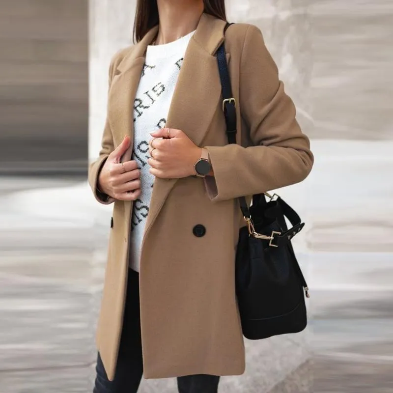 여성 트렌치 코트 여성 가을 ​​겨울 패션 와이드 옷깃 더블 라인 버튼 따뜻한 코트 outwear