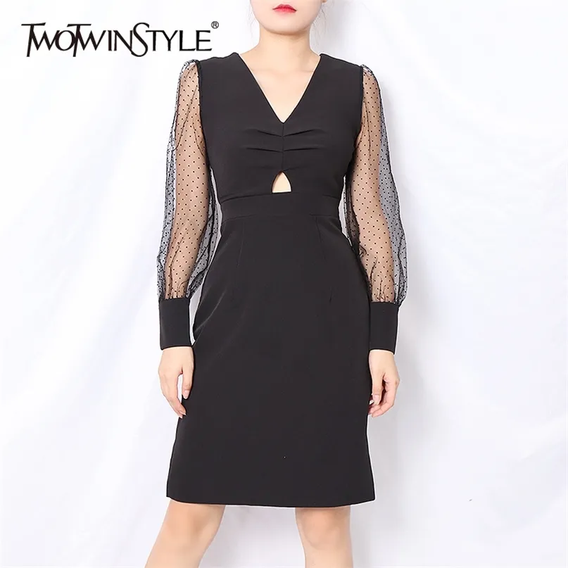 Patchwork Mesh Dot Dress For Women V Neck Long Sleeve High Waist Hollow Out Midi Vintage Dresses Female Fall 210520