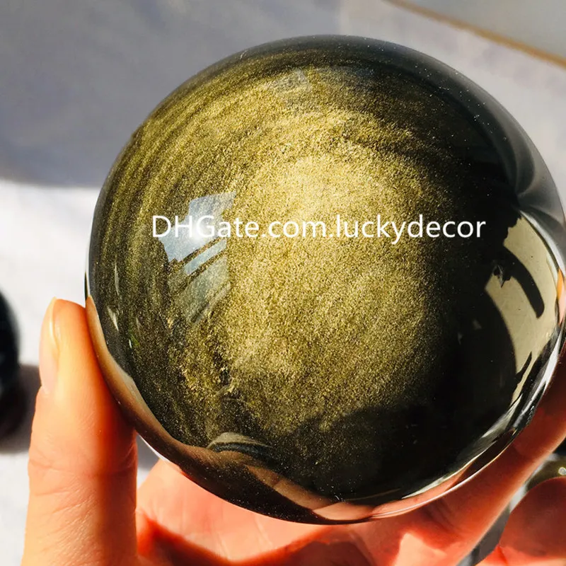 50-65mm Or Brillance Obsidienne Noire Poli Sphère de Cristal Boule Artisanat Guérison Reiki Chakra Pierre Précieuse Verre Volcanique Oeil de Chat Naturel Quartz Orbe Mexique 1 Pièce