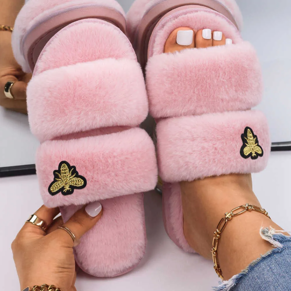 Luxury Faux Fur Slippers Gold Insect Appliques Designer Slides Womens ...