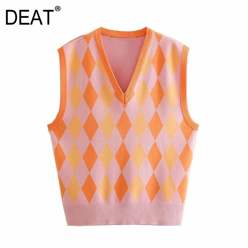 [DEAT] Women Sleeveless V-neck Argyle Knitting Casual Loose Women's Sweater Vest Autumn Spring Fashion 13C242 210527