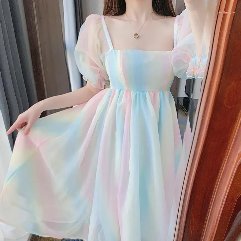 Casual Dresses Summer Elegant Rainbow Fairy Dress Women Kawaii Designer Print Sweet Female High Waist Party Midi 2021