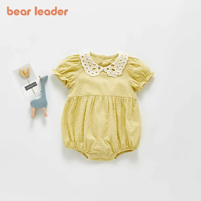 Bear Leader Born Baby Sommar Kortärmad Rompers Fashion Casual Spädbarn Jumpsuit Lace Collar Toddler Girls Outfits Kläder 210708