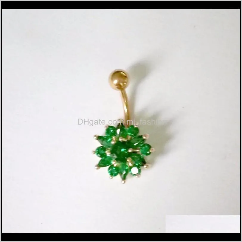 316l stainless steel green flower crystal navel bars gold belly button ring navel piercing jewelry