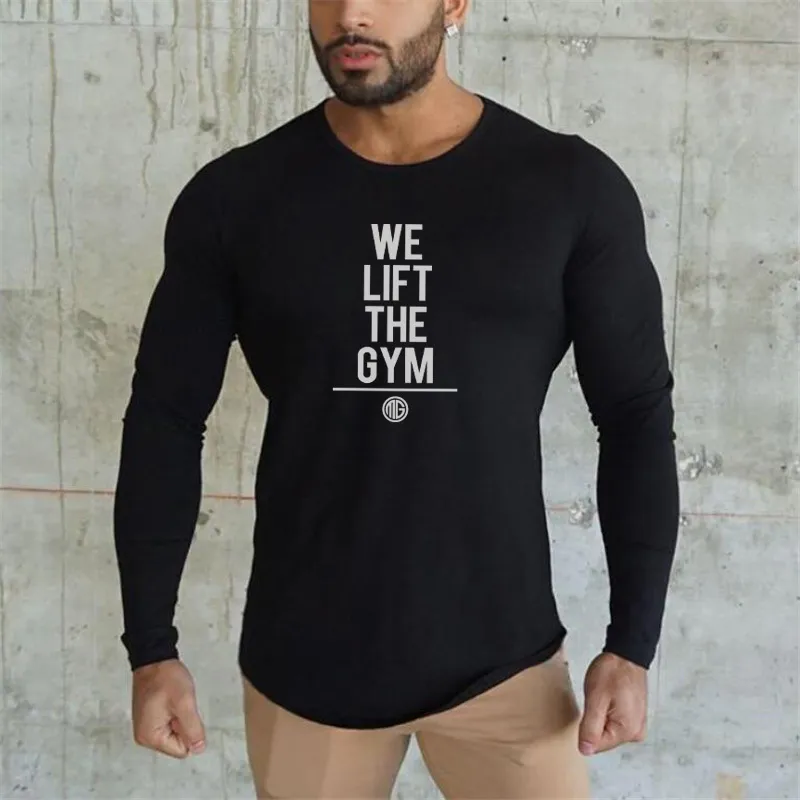 Muscleguys Fitness T-shirt à manches longues Hommes Marque Vêtements Casual Gyms T-shirt Mâle Slim Fit Stretch Automne Muscle Tshirt 210421