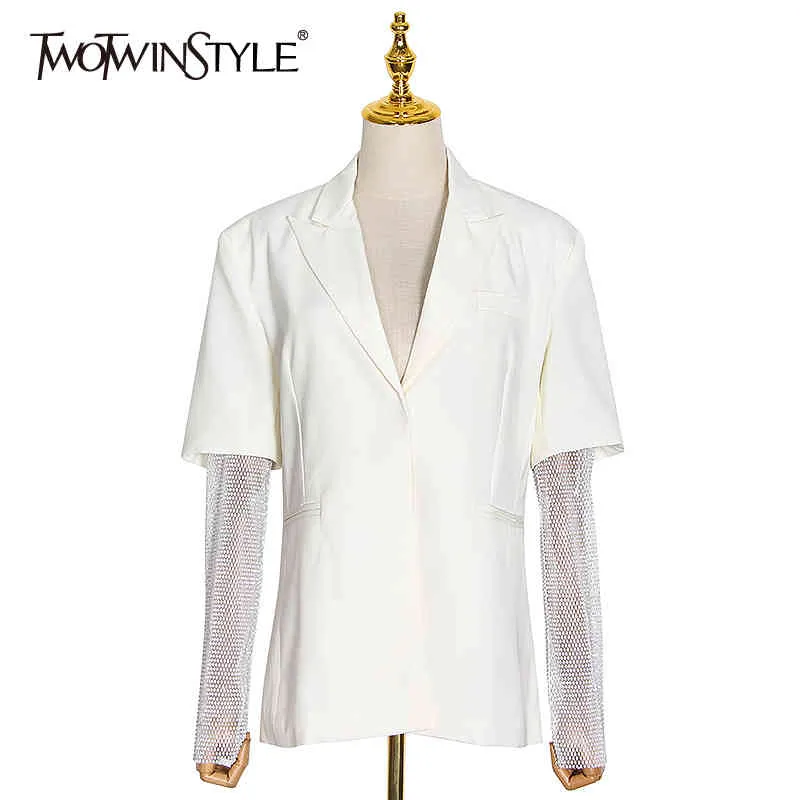 Elegante Patchwork Diamantes Mujeres Blazer Muescas Manga Larga Túnica Hit Color Traje Casual Ropa de Moda Femenina 210524