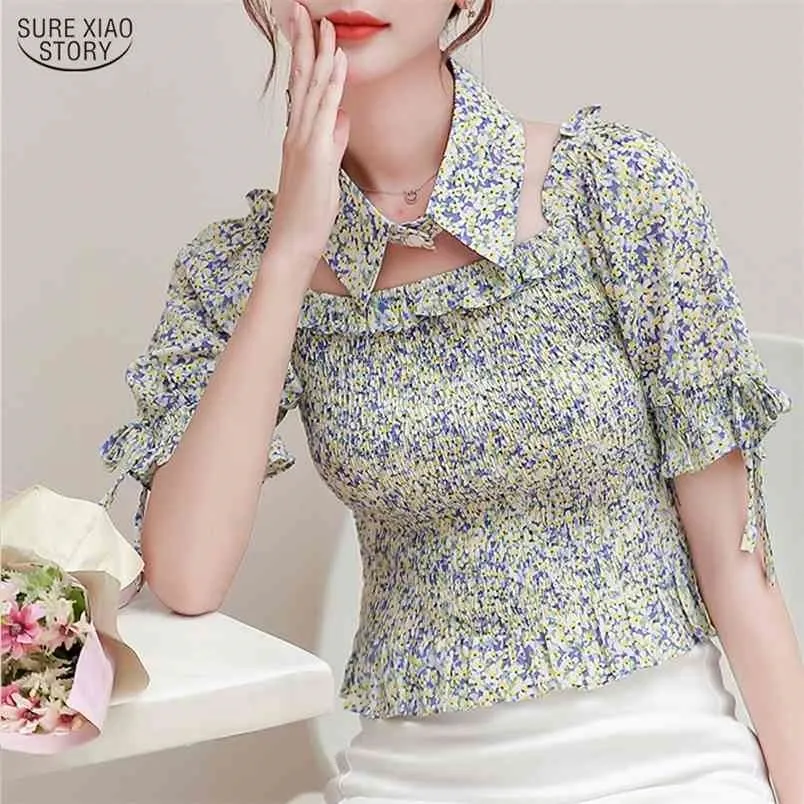 Koreański styl Kobiety Hollow Out Office Lady Topy Koszule Drukowane Krótki Rękaw Szyfonowe Bluzki Elegancka Slim Odzież Blusa 10063 210506