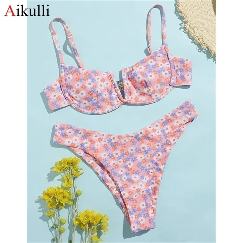 Sexy V-bar Underwired Bikinis Floral Swimwear Women Swimsuit Female V-Neck Bikini Set Push Up Beach Wear Swim Bathing Suits 210621