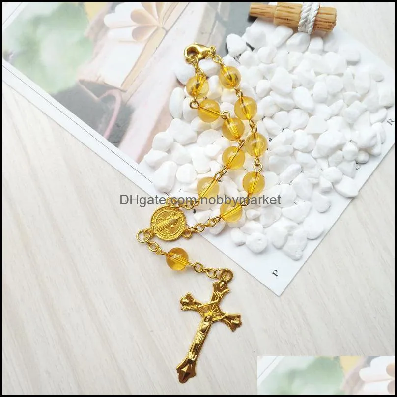 Yellow Transparent Acrylic Beaded Bracelet Jesus Cross Rosary Bracelet Religious Jewelry