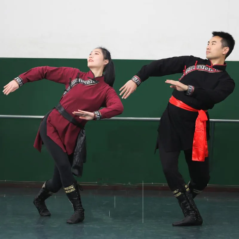 Bühnenkleidung Chinesisches Volkstanzkostüm Unisex-Performance-Praxis-Wettbewerbskleidung 4-Farben-Langarm-Mongolische Bekleidung237P