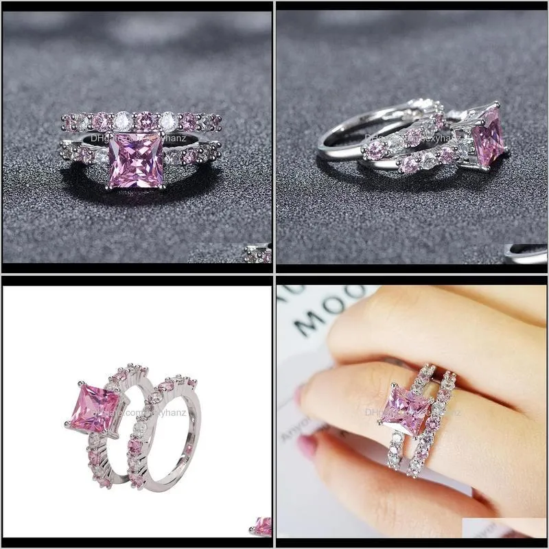 2020 new luxury pink princess 925 sterling silver wedding ring set for women lady anniversary gift jewelry wholesale r5173